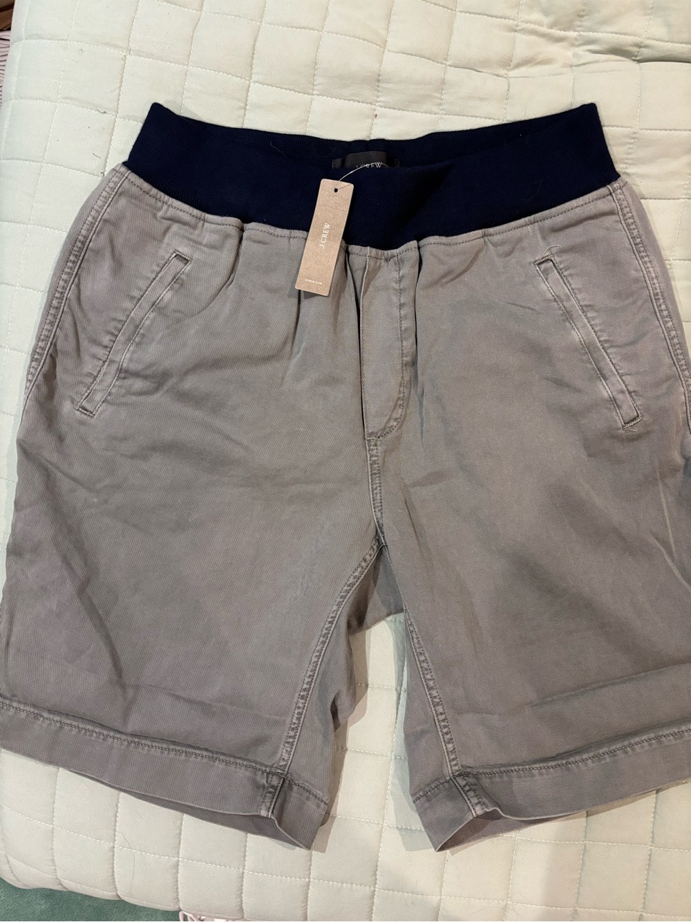 J. Crew Gray Green 9” Pull-On Shorts with Navy Waistband